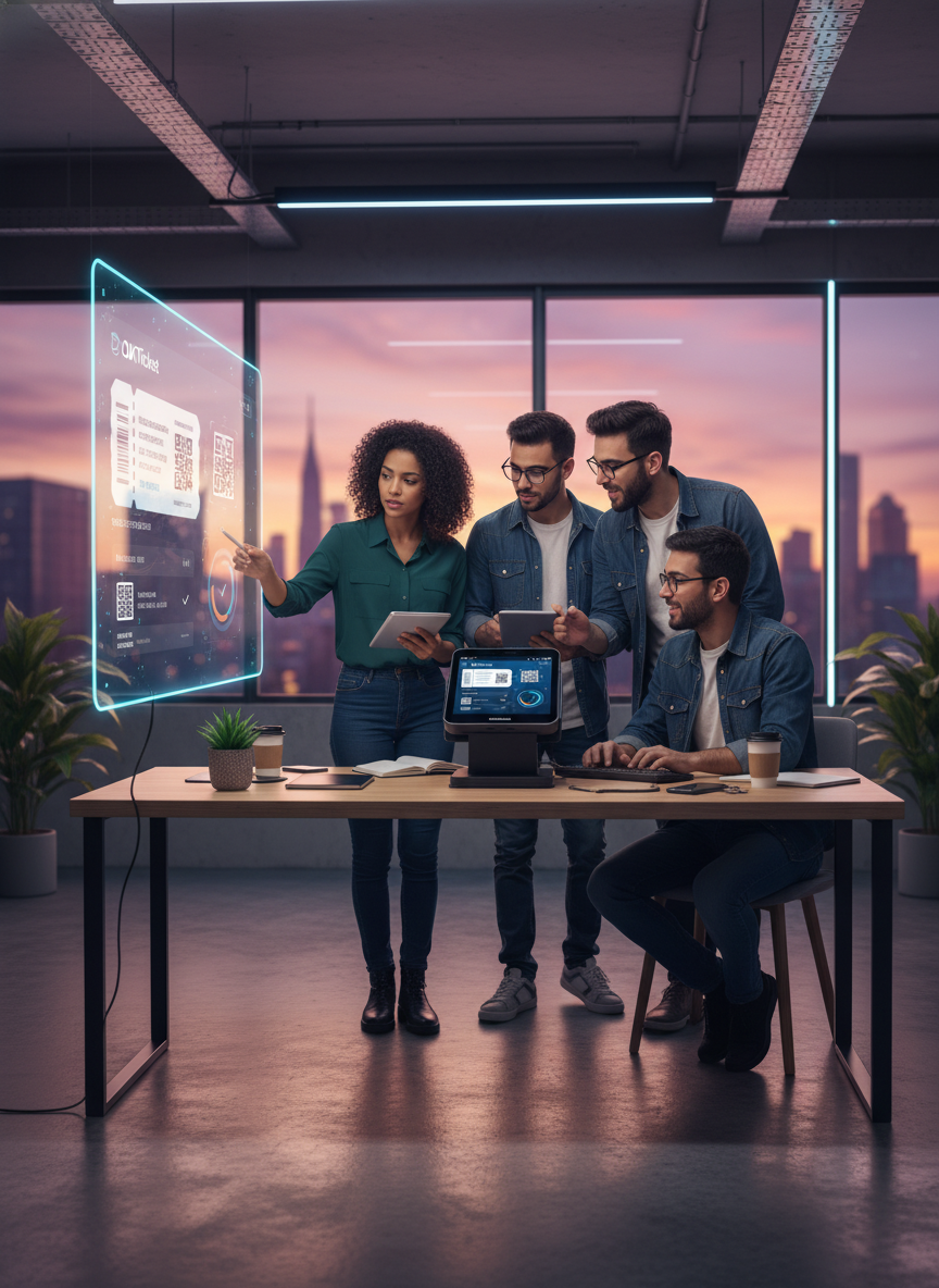 Equipe DKTicket trabalhando em um ambiente moderno